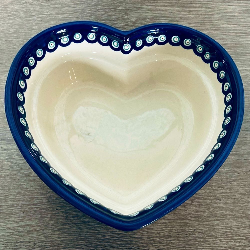 Boleslawiec Heart Shape Peacock Polish Pottery Ceramic Bowl Dish